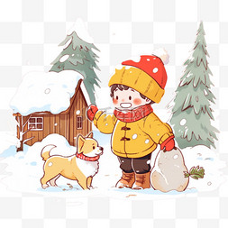 戴围巾的小狗图片_冬天可爱孩子堆雪人玩耍卡通手绘