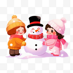 红色可爱眼镜图片_冬天卡通可爱孩子堆雪人手绘元素