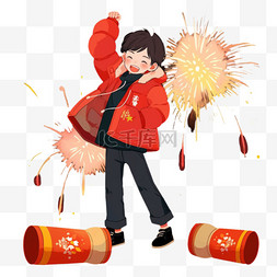 红色背景烟花图片_新年烟花孩子燃放卡通手绘元素