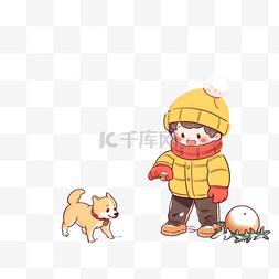 戴帽子卡通小狗图片_卡通冬天可爱孩子堆雪人玩耍手绘