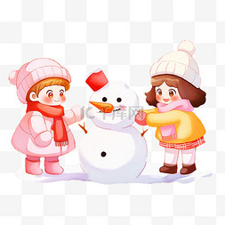 棉大衣女孩图片_冬天手绘可爱孩子堆雪人卡通元素