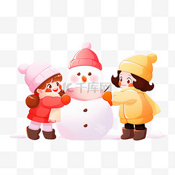 棉大衣女孩图片_可爱孩子堆雪人卡通手绘元素冬天