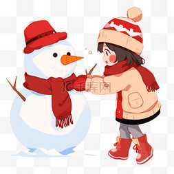 冬天卡通手绘可爱女孩堆雪人元素