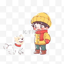 戴围巾的小狗图片_冬天堆雪人可爱孩子玩耍卡通手绘