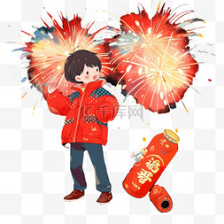 红色背景烟花图片_孩子燃放烟花卡通手绘新年元素