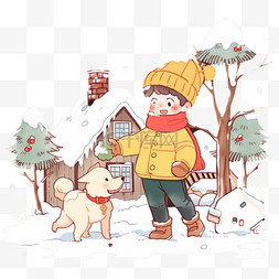 可爱孩子堆雪人冬天玩耍卡通手绘