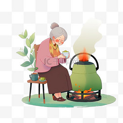 冬天慈祥奶奶手绘暖炉卡通元素