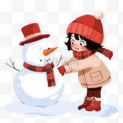 可爱女孩堆雪人卡通冬天手绘元素