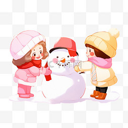 棉大衣女孩图片_冬天可爱孩子卡通堆雪人手绘元素