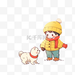 戴帽子卡通小狗图片_可爱孩子堆雪人玩耍冬天卡通手绘