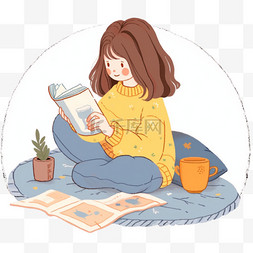 地毯上的孩子图片_冬天室内看书可爱女孩卡通手绘元