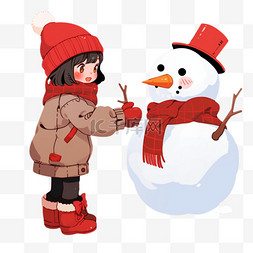 冬天手绘元素可爱女孩堆雪人卡通