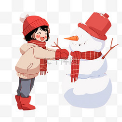 给雪人戴图片_可爱女孩堆雪人冬天卡通手绘元素