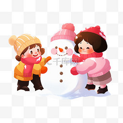 卡通冬天可爱孩子堆雪人手绘元素