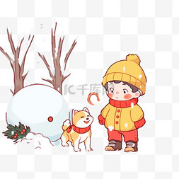 蓝天的手绘图片_可爱孩子堆雪人玩耍卡通手绘元素