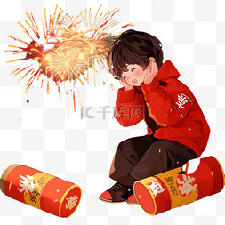 红色背景烟花图片_孩子新年燃放烟花卡通手绘元素