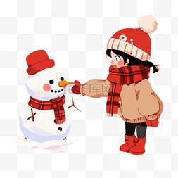 卡通冬天可爱女孩堆雪人手绘元素