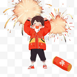 红色背景烟花图片_新年孩子燃放烟花手绘卡通元素