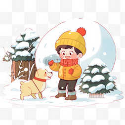 戴围巾的小狗图片_可爱孩子冬天堆雪人玩耍卡通手绘