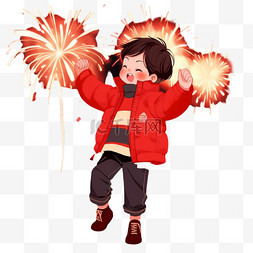 红色背景烟花图片_孩子燃放烟花卡通新年手绘元素