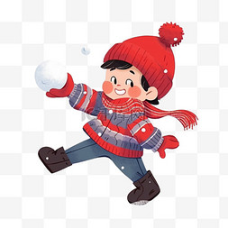 毛线帽围巾手套图片_可爱孩子拿雪球玩耍卡通手绘冬天