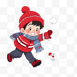 冬天可爱孩子拿雪球玩耍手绘卡通