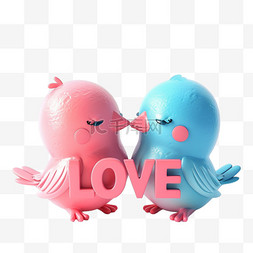 情人节字体蓝色图片_3D卡通可爱的爱情鸟和LOVE设计情人