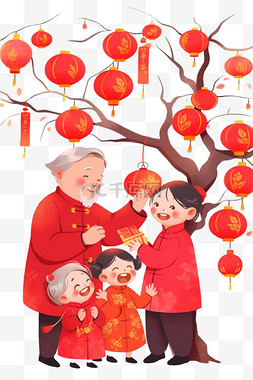 新年卡通红包插画图片_手绘新年元素看望父母团聚卡通