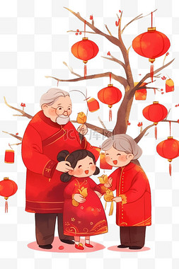 挂红包的树图片_新年团聚看望父母卡通手绘元素
