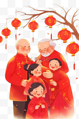 红色新年树枝图片_卡通新年看望父母团聚手绘元素