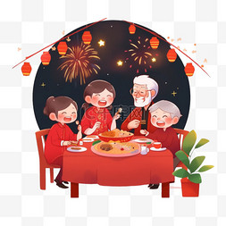 红色喜庆团圆背景图片_新年卡通手绘家人团圆年夜饭元素