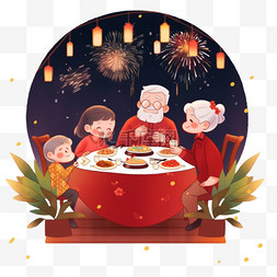 烟花新年背景图片_新年手绘元素家人团圆年夜饭卡通