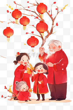 树枝上挂灯笼图片_团聚新年看望父母卡通手绘元素