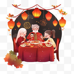 团圆喜庆的背景图片_卡通手绘新年家人团圆年夜饭元素