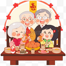 在桌子前图片_手绘新年家人团圆吃饭卡通元素