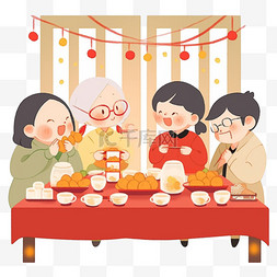 窗户前图片_新年家人卡通手绘团圆吃饭元素