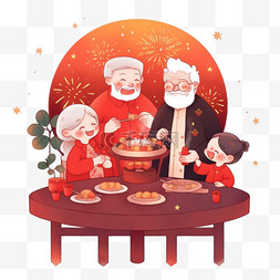 红色喜庆团圆背景图片_新年家人手绘元素团圆年夜饭卡通