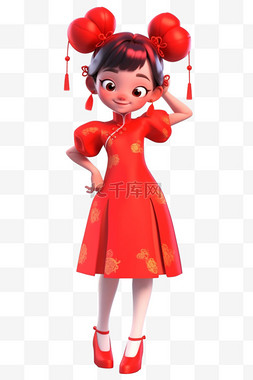 红色旗袍图片_可爱女孩3d立体免抠新年元素