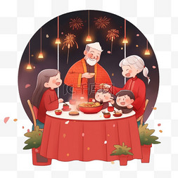 红色喜庆团圆背景图片_新年年夜饭家人团圆卡通手绘元素