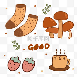 咖啡时尚图片_美拉德袜子咖啡草莓蘑菇贴纸png图