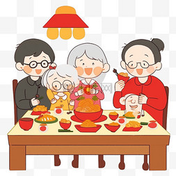 在桌子前图片_家人团圆吃饭卡通新年手绘元素