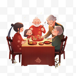 新年红色喜庆背景图片_新年家人团圆卡通年夜饭手绘元素