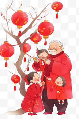 挂红包的树图片_新年看望父母团聚手绘卡通元素