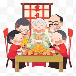 家人团圆新年吃饭卡通手绘元素