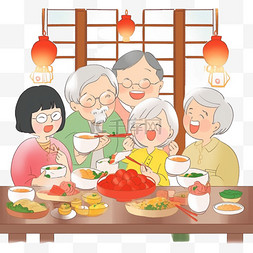 在桌子前图片_家人团圆吃饭卡通手绘元素新年