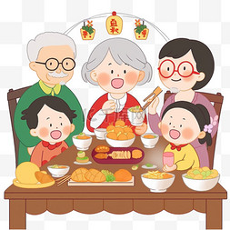 在桌子前图片_新年家人团圆吃饭卡通元素手绘