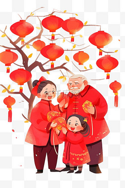 树枝上挂灯笼图片_看望父母团聚卡通手绘元素新年