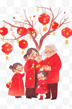 树枝上挂灯笼图片_看望父母团聚卡通新年手绘元素