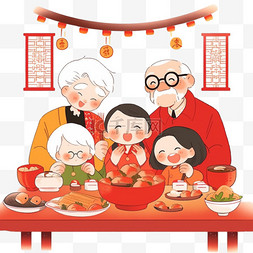 家人团聚吃饭图片_卡通新年元素家人团圆吃饭手绘