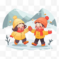 卡通雪地雪山图片_冬天孩子插画玩雪免抠元素